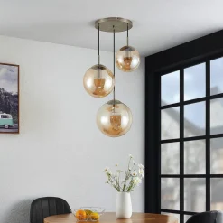 Lindby hængelampe Teeja, amber, 3 lyskilder, Ø52cm, glas, E27