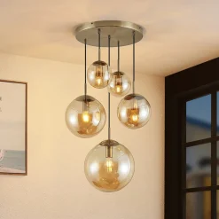 Lindby hængelampe Teeja, amber, 5 lyskilder, Ø50cm, glas, E27
