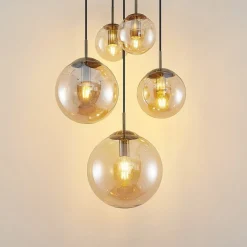 Lindby hængelampe Teeja, amber, 5 lyskilder, Ø50cm, glas, E27