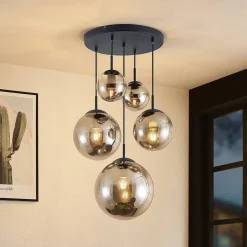 Lindby hængelampe Teeja, smoke, 5 lyskilder, Ø50cm, glas, E27