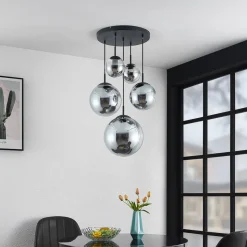 Lindby hængelampe Teeja, smoke, 5 lyskilder, Ø50cm, glas, E27