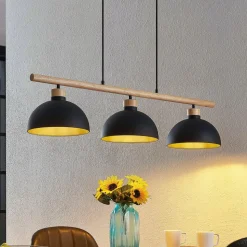 Lindby hængelampe Tirzana, 3 lyskilder, sort, metal, træ