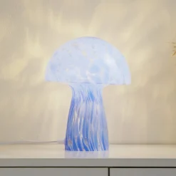Lindby Hubi bordlampe, blå, glas, Ø 22 cm, svampeform