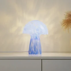 Lindby Hubi bordlampe, blå, glas, Ø 22 cm, svampeform