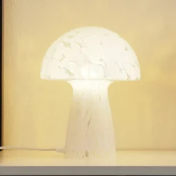 Lindby Hubi bordlampe, hvid, glas, Ø 22 cm, svampeform