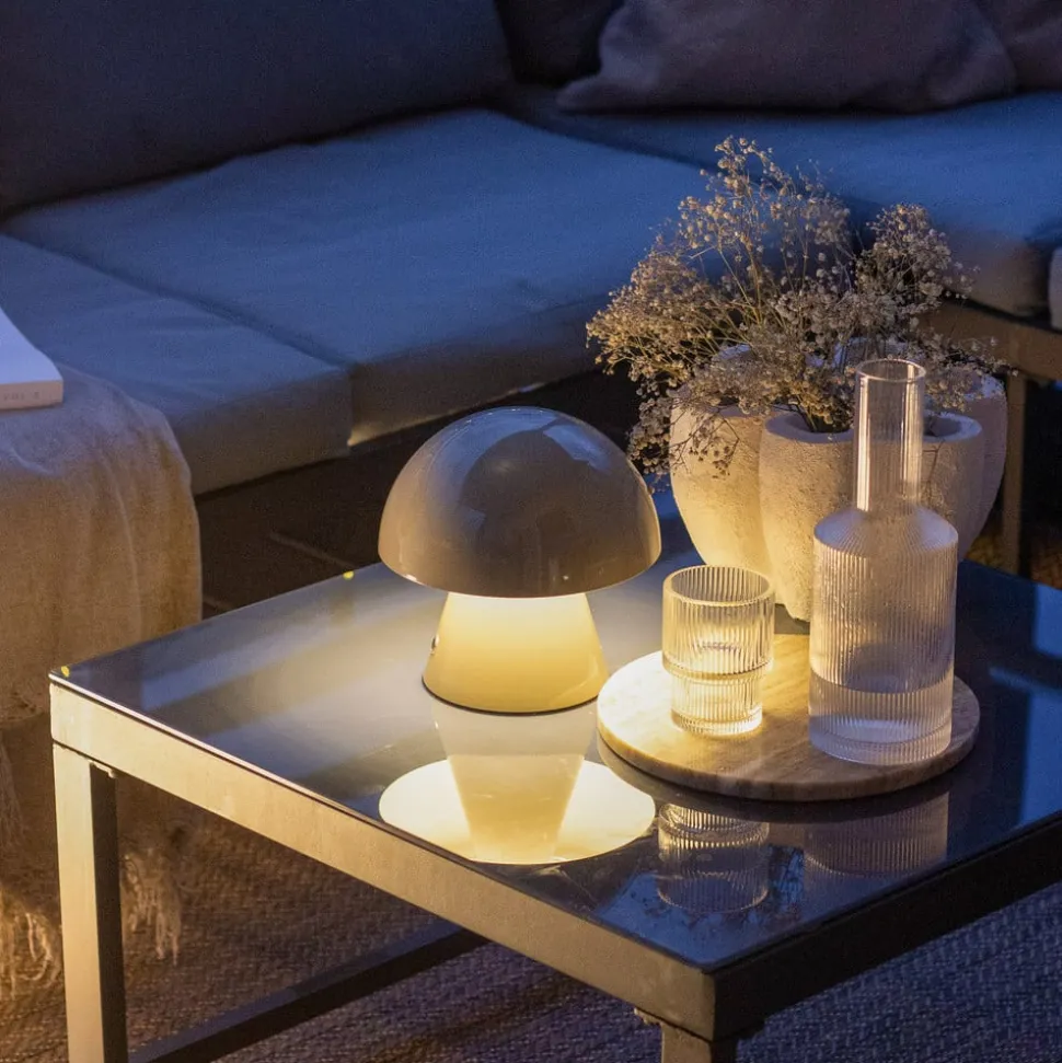 Lindby LED genopladelig bordlampe Nevijo, grå, Ø18cm, USB, dæmper