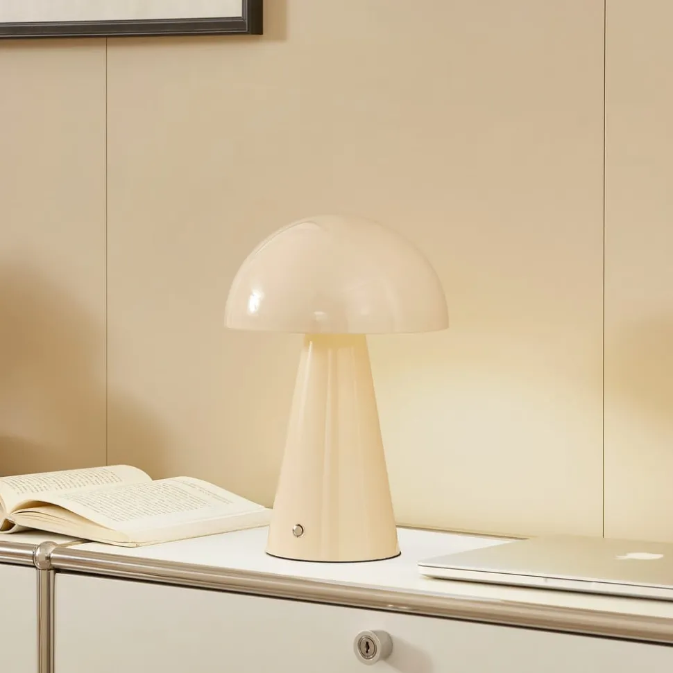 Lindby LED genopladelig bordlampe Nevijo, beige, Ø20cm, USB, dæmper