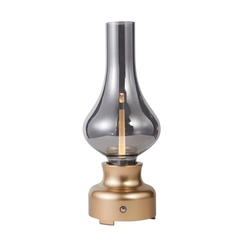Lindby LED genopladelig bordlampe Maxentius guldfarvet glas dæmper