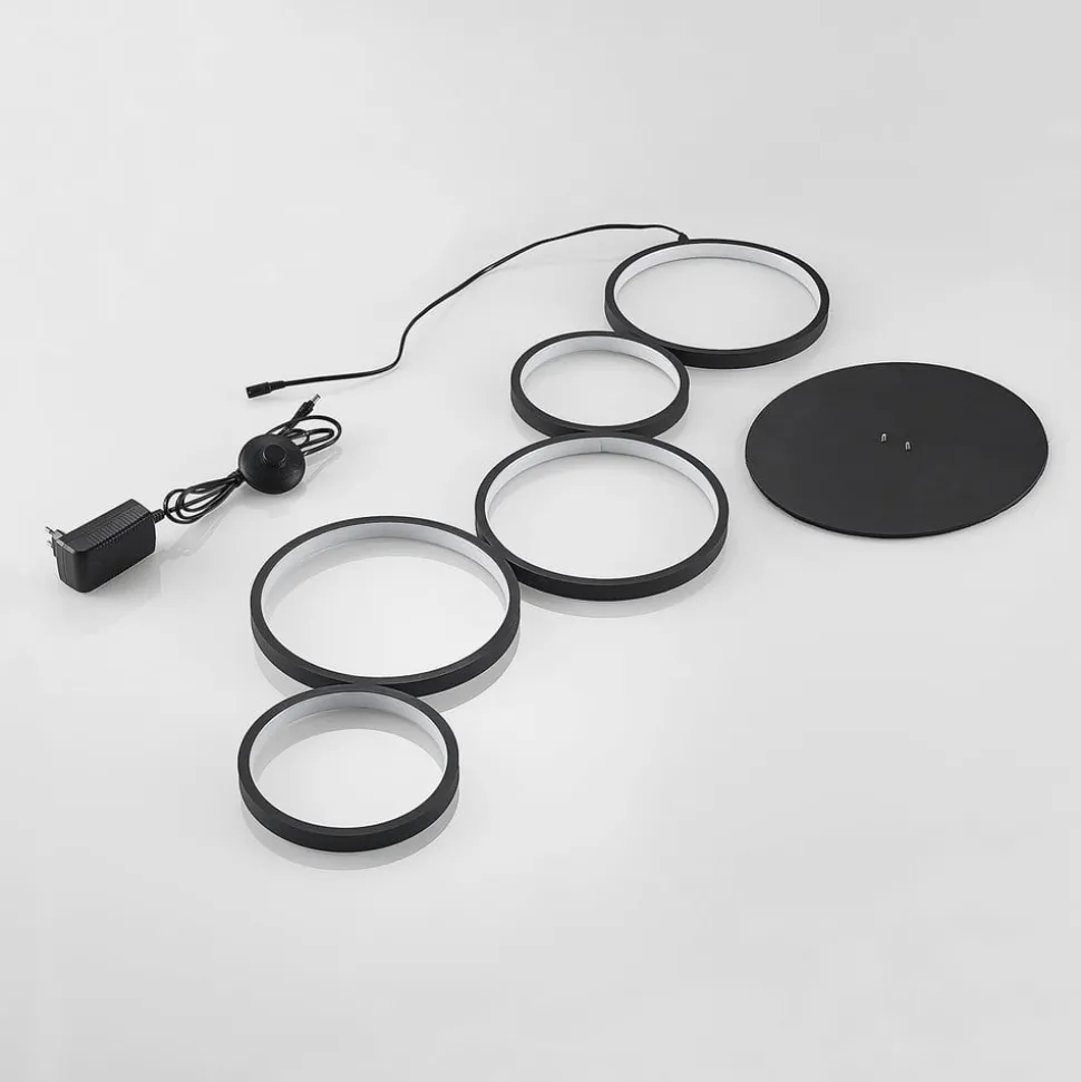 Lindby LED-gulvlampe Jacek, sort, metal, 110 cm, ringe