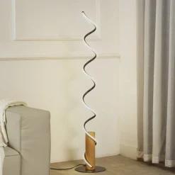 Lindby LED-gulvlampe Spiraali, grå, træ, højde 133 cm
