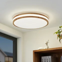 Lindby LED-loftlampe Emiva, 50 cm, CCT, fjernbetjening, træ