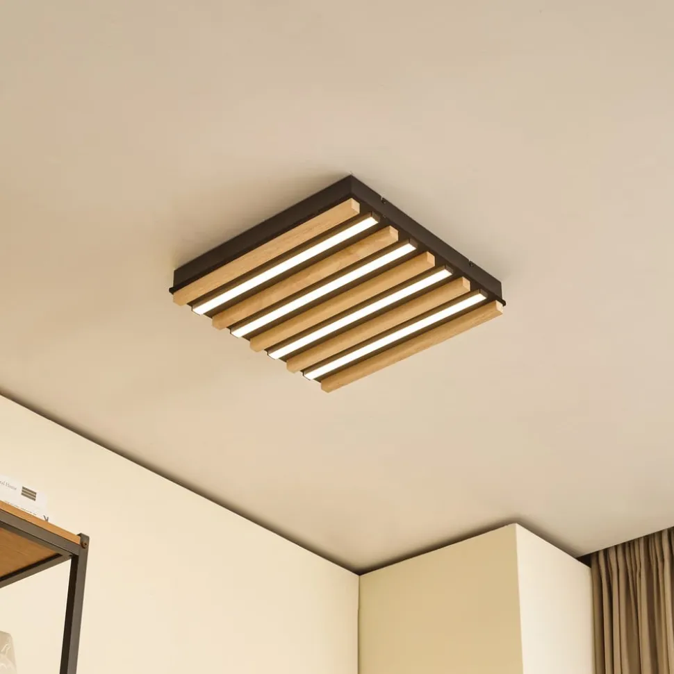 Lindby LED-loftlampe Firka, hvid, træ, 42 cm, CCT, dæmpbar.