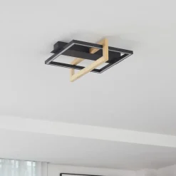 Lindby LED-loftlampe Holamu, 46 cm, sort, træ, metal