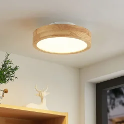 Lindby LED-loftlampe Lanira, Ø 30 cm, træ, fjernbetjening, CCT
