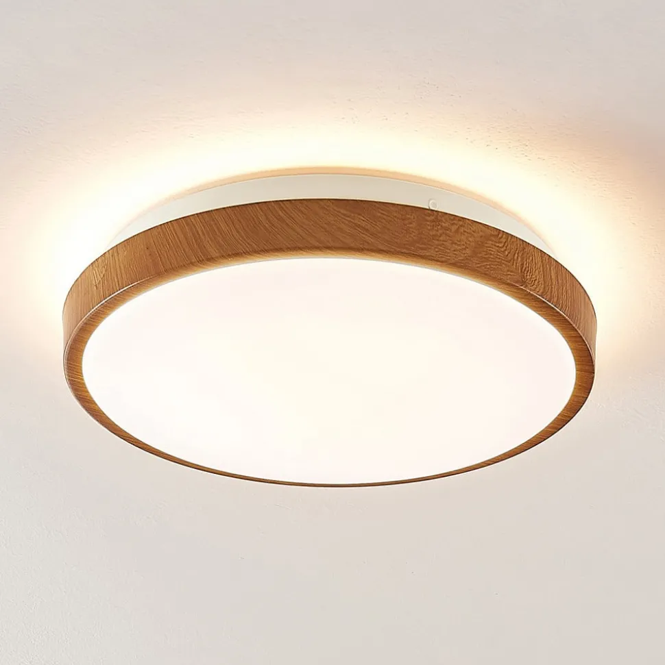 Lindby LED-loftlampe Mendosa, rund, lyst træ, Ø 29cm