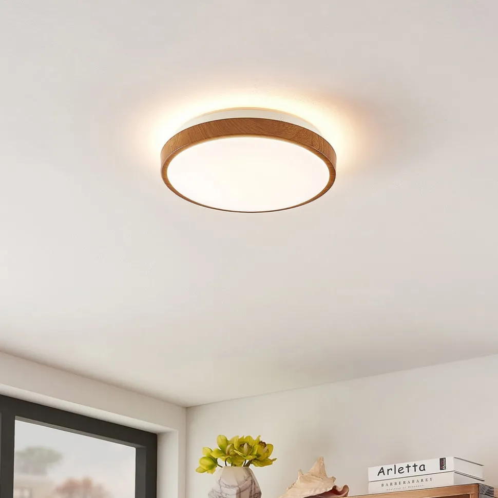 Lindby LED-loftlampe Mendosa, rund, lyst træ, Ø 29cm