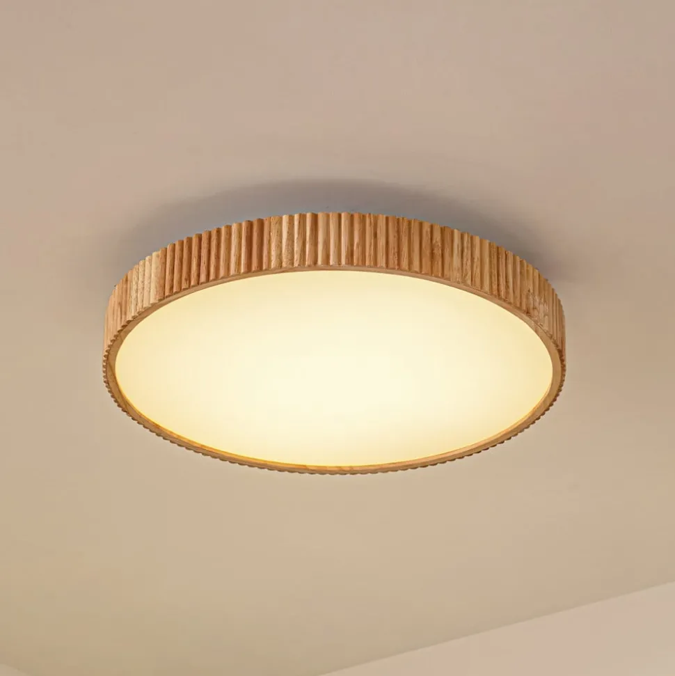 Lindby LED-loftlampe Velua, hvid/lys træ, CCT, Ø 50 cm