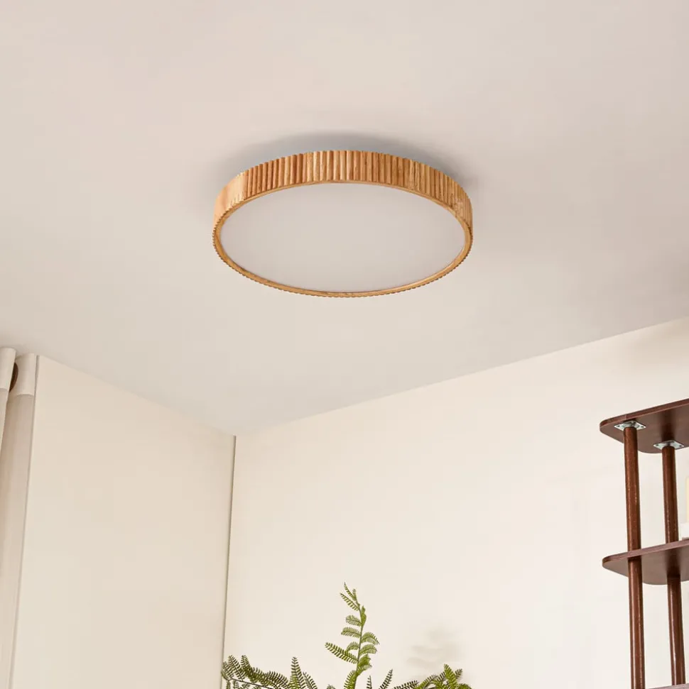 Lindby LED-loftlampe Velua, hvid/lys træ, CCT, Ø 50 cm