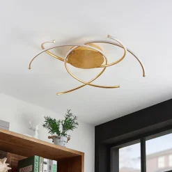 Lindby LED-loftlampe Yareli, guld, metal, Ø 70 cm
