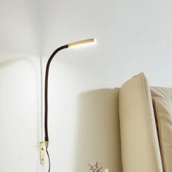 Lindby LED-læselampe Flexola, guld, rund, metal, stik