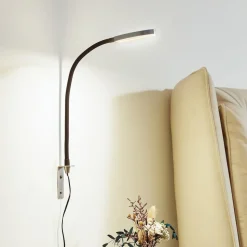 Lindby LED-læselampe Flexola, nikkel, rund, metal, stik