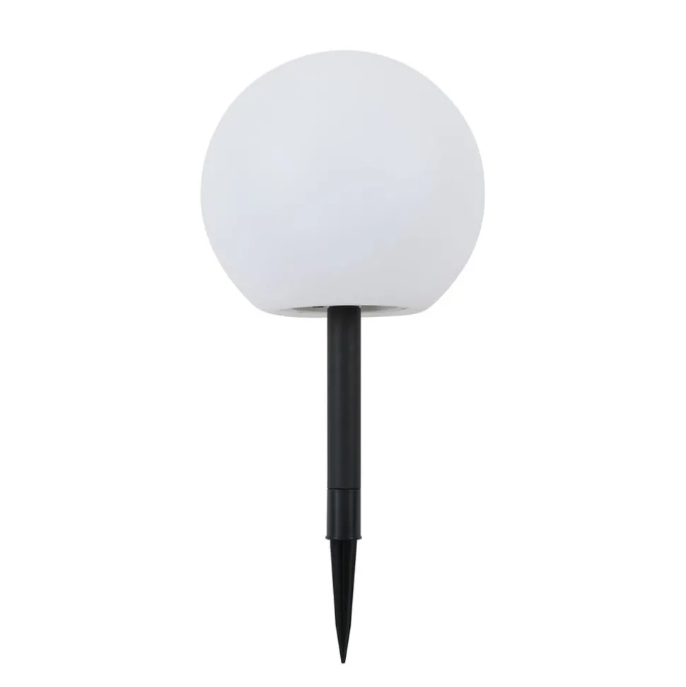 Lindby LED-solcellelampe Lago, Ø 25 cm, kugle, jordspyd, hvid