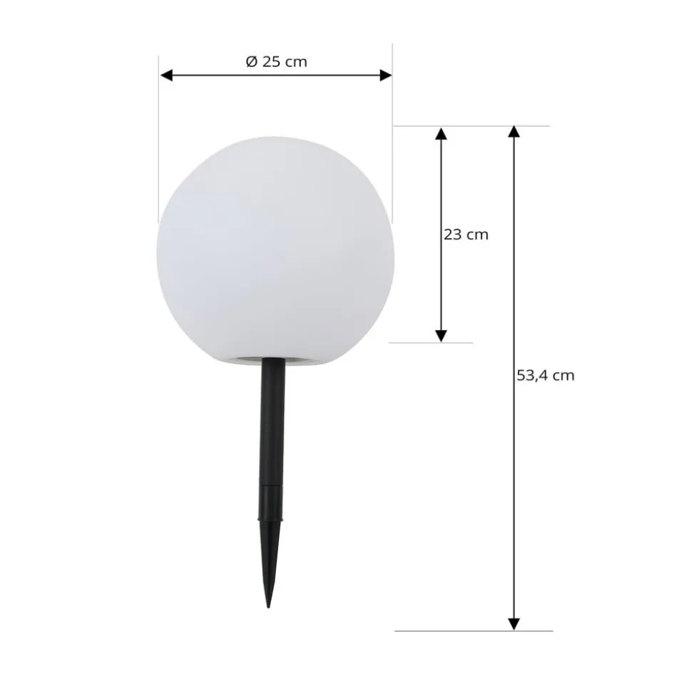 Lindby LED-solcellelampe Lago, Ø 25 cm, kugle, jordspyd, hvid