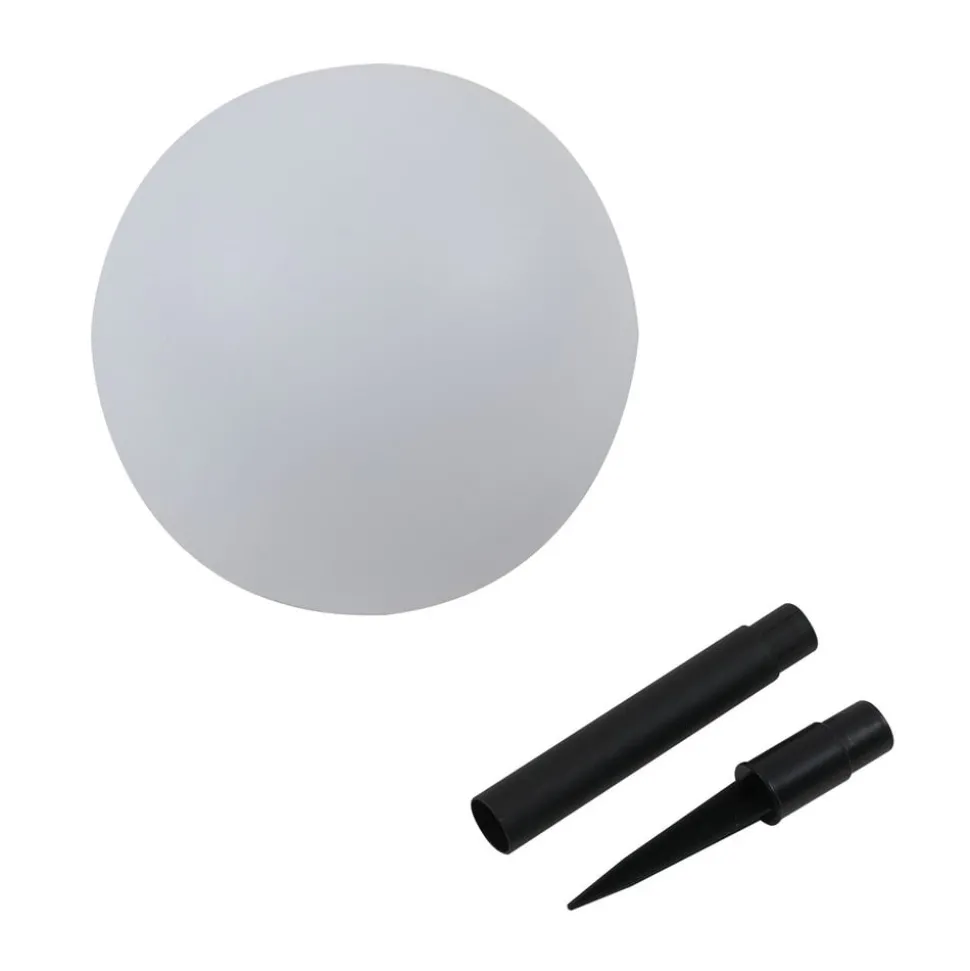 Lindby LED-solcellelampe Lago, Ø 25 cm, kugle, jordspyd, hvid