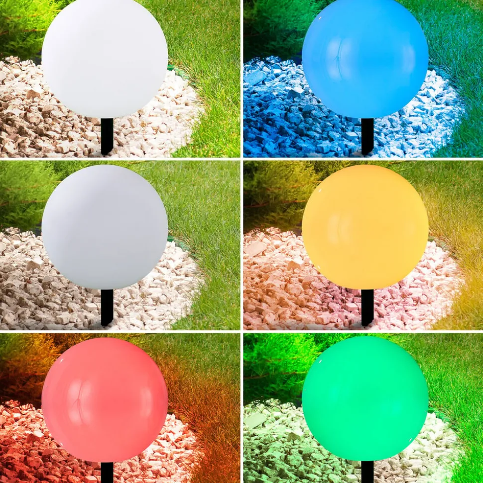 Lindby LED-solcellelampe Lago, Ø 30 cm, kugle, jordspyd, hvid