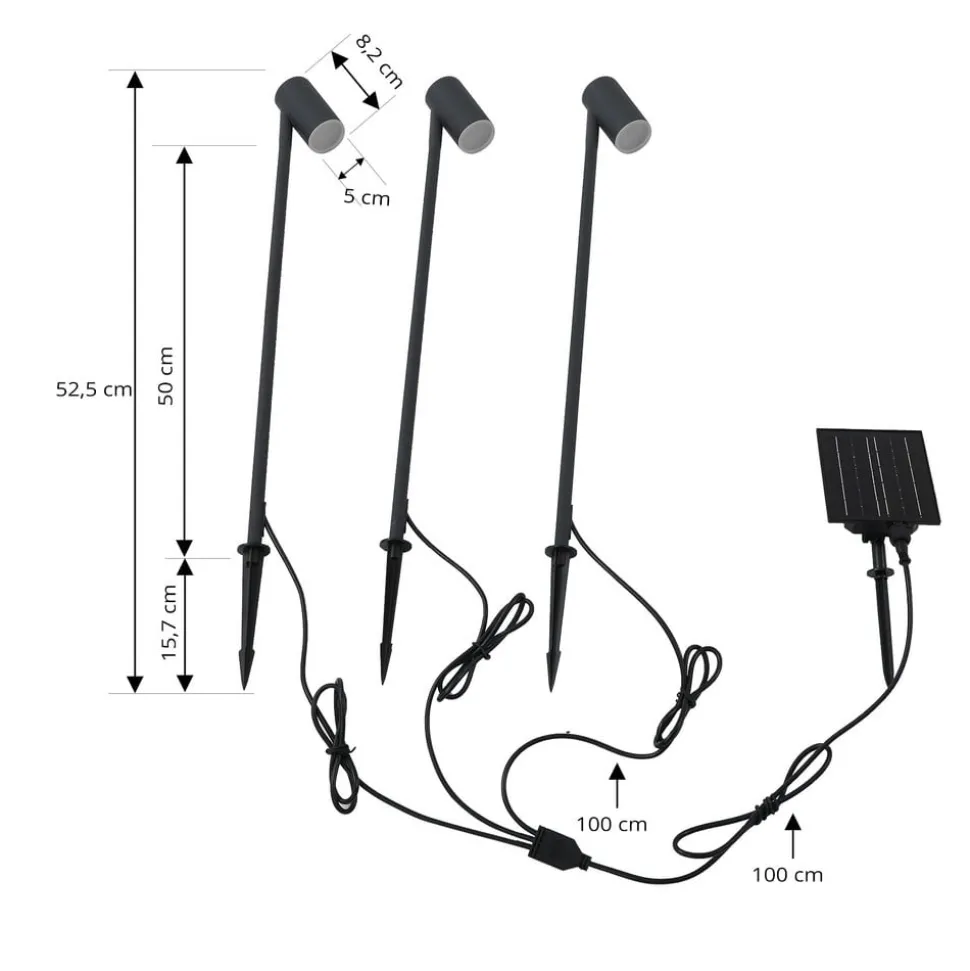 Lindby LED-solcellelampe Myric, sæt med 3, sort, aluminium, 3.000K