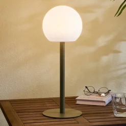 Lindby LED udendørs bordlampe Eleia, grøn, metal, genopladeligt batteri