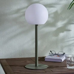Lindby LED udendørs bordlampe Eleia, grøn, metal, genopladeligt batteri