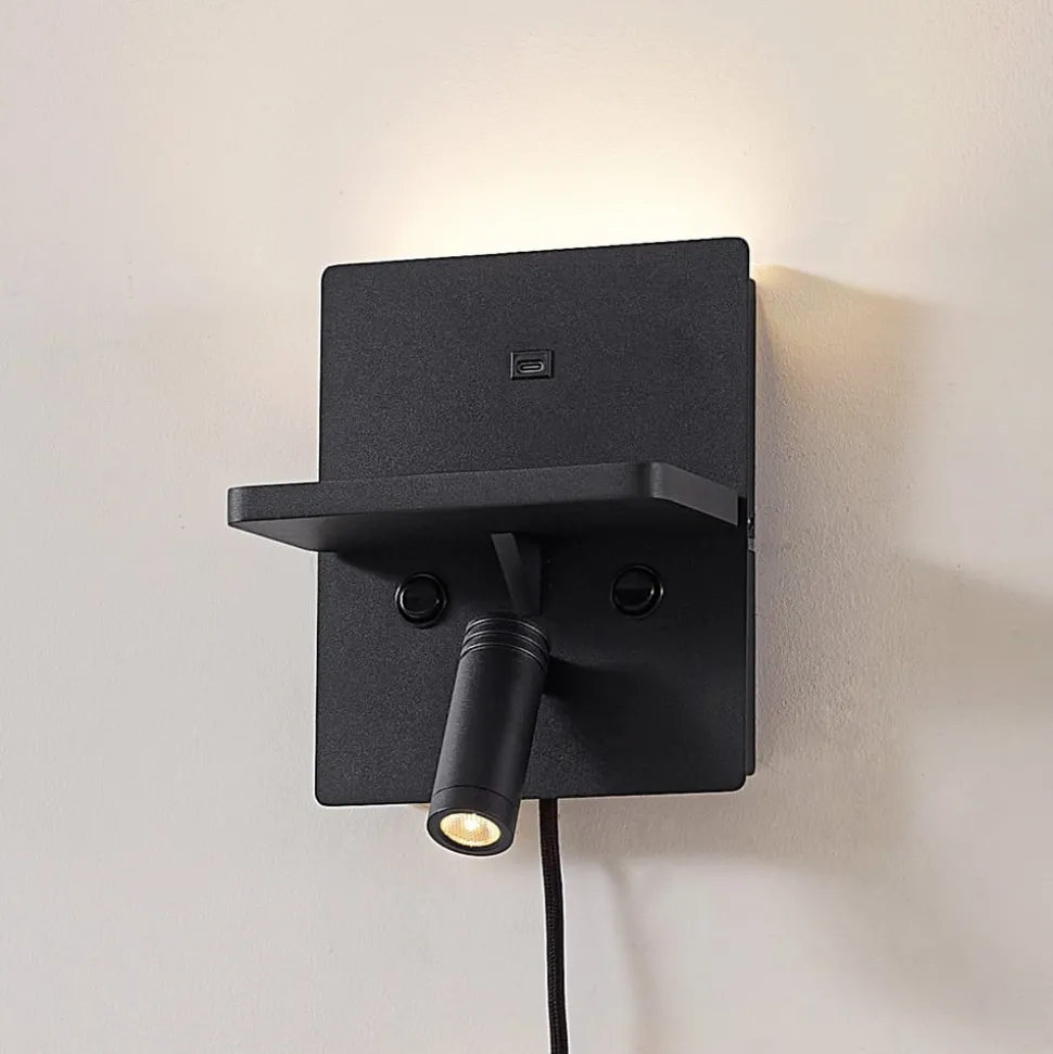 Lindby LED-væglampe Auden, sort, stik, ladestation