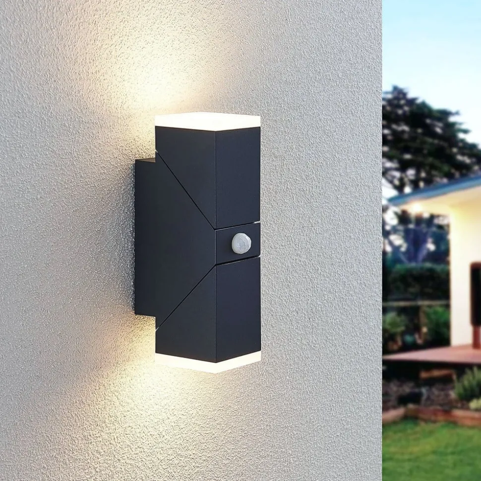 Lindby LED-væglampe Sally, 22 cm, antracit, IP54, sensor