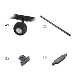 Lindby Linaro skinnesystem, GU10, 4 lyskilder, sort, Ø 9 cm