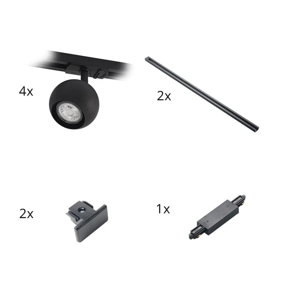 Lindby Linaro skinnesystem, GU10, 4 lyskilder, sort, Ø 9 cm
