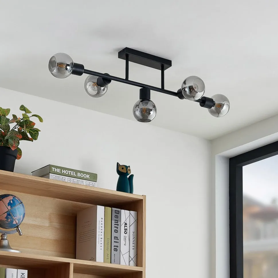 Lindby loftlampe Biscala, 5 lyskilder, sort/røget, E14