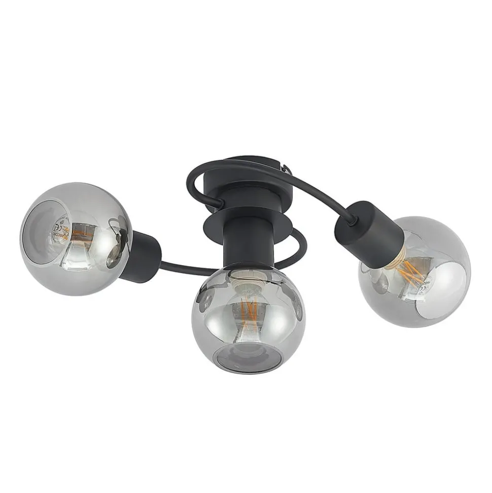 Lindby loftlampe Ciala, 3 lyskilder, sort, røgfarvet, glas