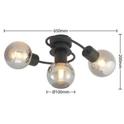 Lindby loftlampe Ciala, 3 lyskilder, sort, røgfarvet, glas