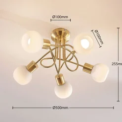 Lindby loftlampe Elaina, Ø50cm, 5 lyskilder, messing, glas, E14