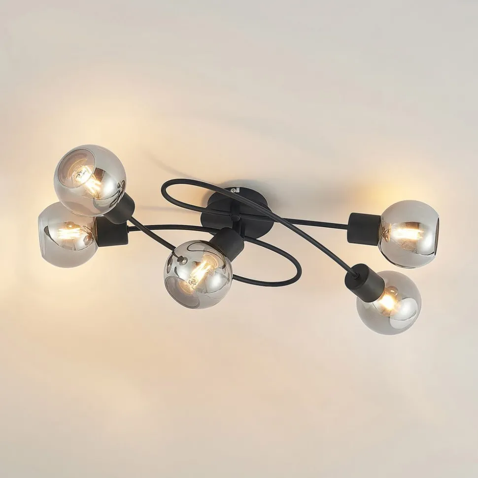 Lindby loftlampe Elaina, 66 cm, 5 lyskilder, sort/røget, E14