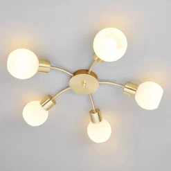 Lindby loftlampe Elaina, Ø54cm, 5 lyskilder, messing, glas, E14