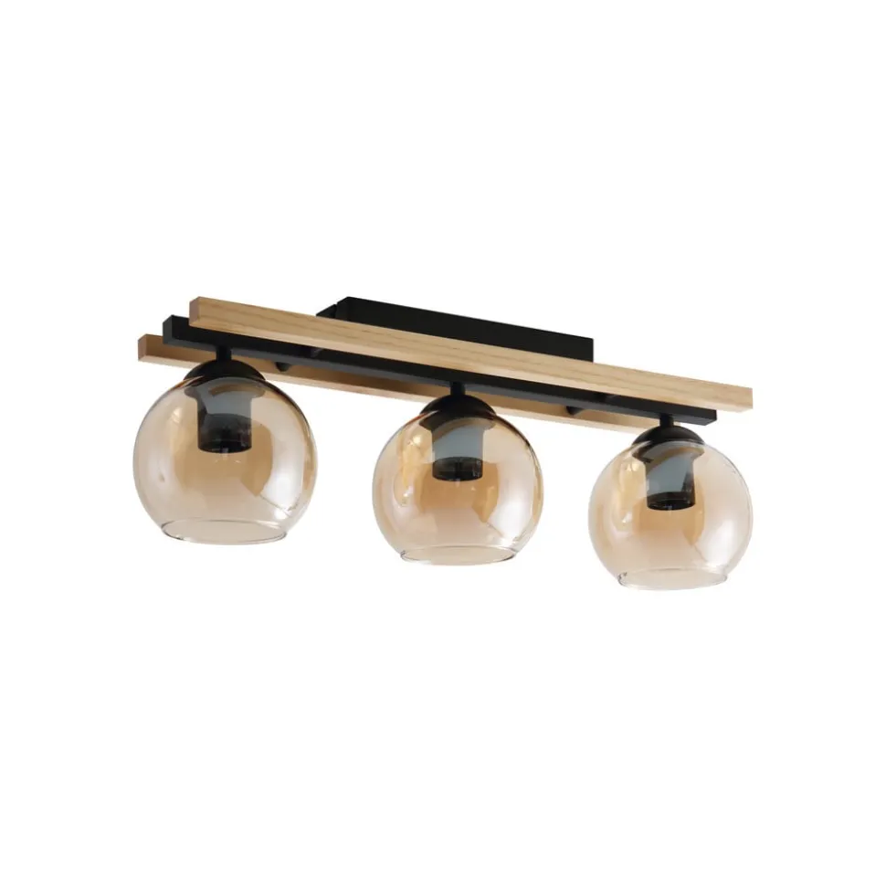 Lindby loftlampe Enrique, amber, 3 lyskilder, glas, træ, E27