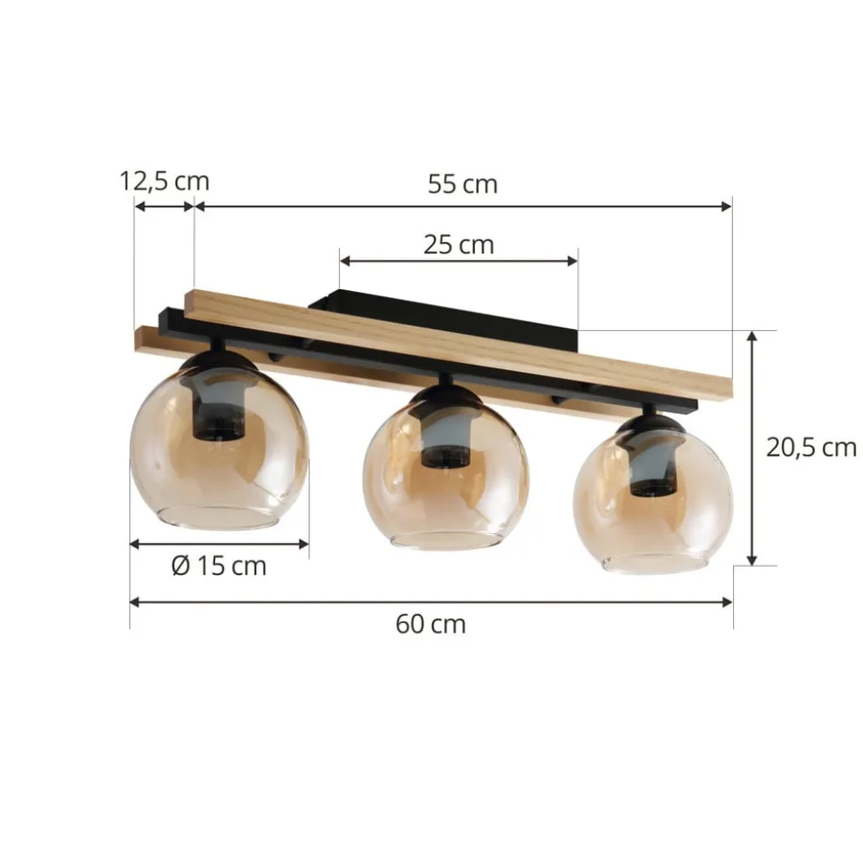 Lindby loftlampe Enrique, amber, 3 lyskilder, glas, træ, E27