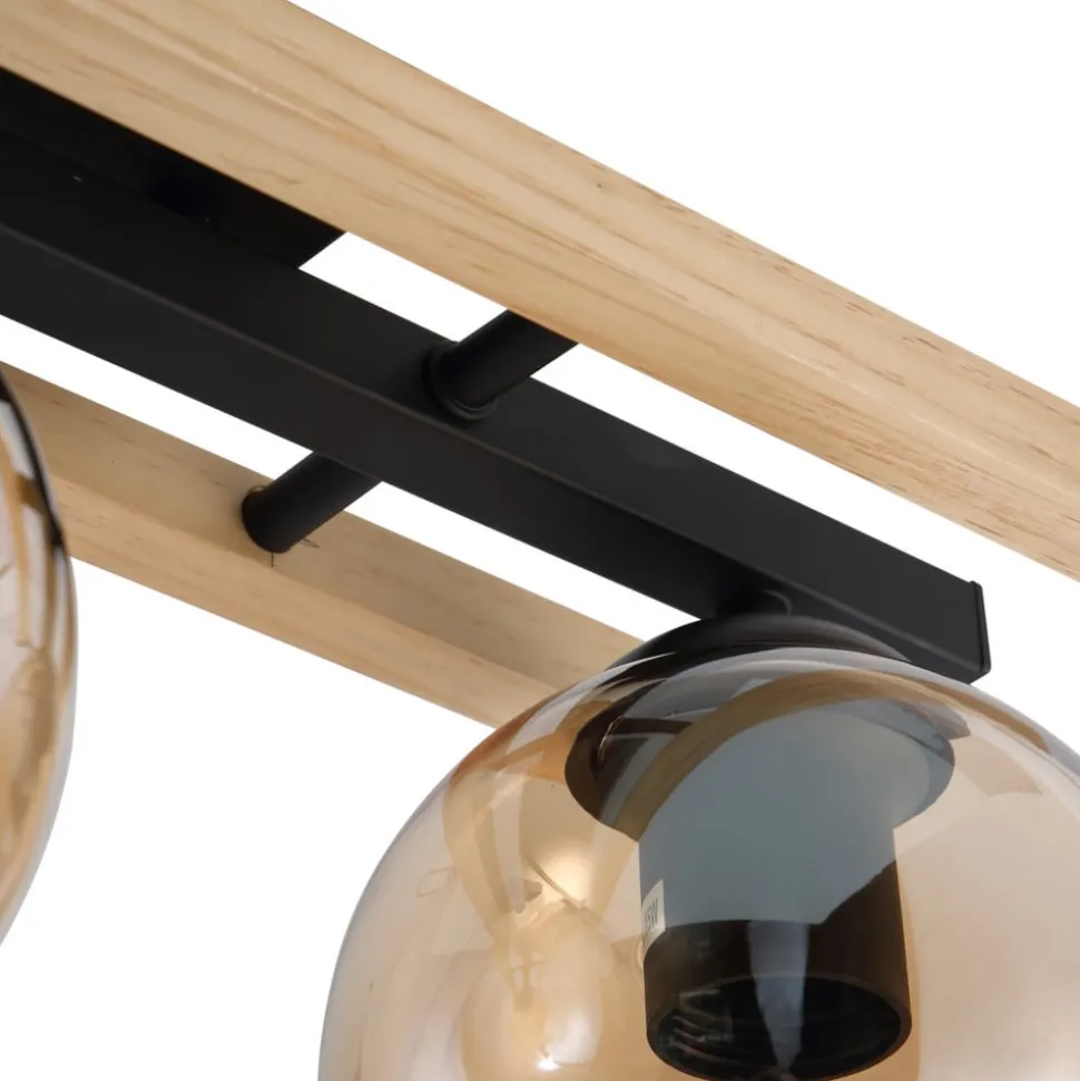 Lindby loftlampe Enrique, amber, 3 lyskilder, glas, træ, E27