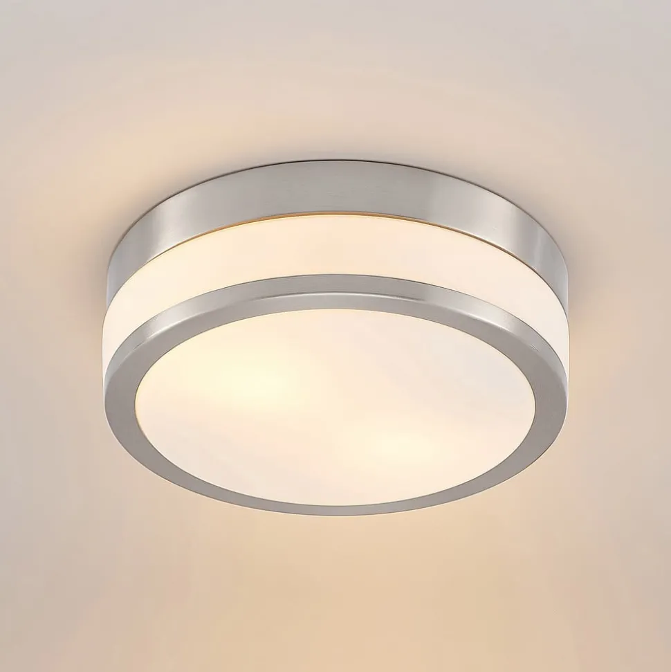 Lindby Loftlampe Flavi, Ø 28 cm, nikkel, glas, IP44, E27