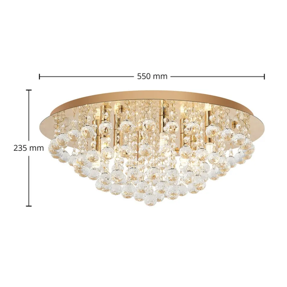 Lindby loftlampe Gillion, 8 lyskilder, guld, krystal, Ø 55cm