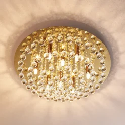 Lindby loftlampe Gillion, 8 lyskilder, guld, krystal, Ø 55cm