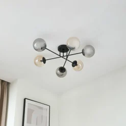 Lindby loftlampe Isamer, smoke grey/amber, Ø 80 cm, globe