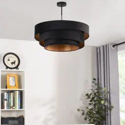 Lindby loftlampe Jusari, sort, tekstil, Ø 56 cm, E27